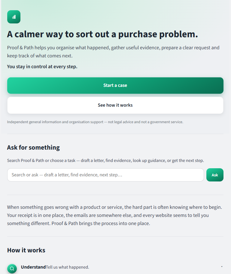 Proof & Path product screen offering to start a case or see how the service works, with a search bar for asking questions and a How it works section below.
